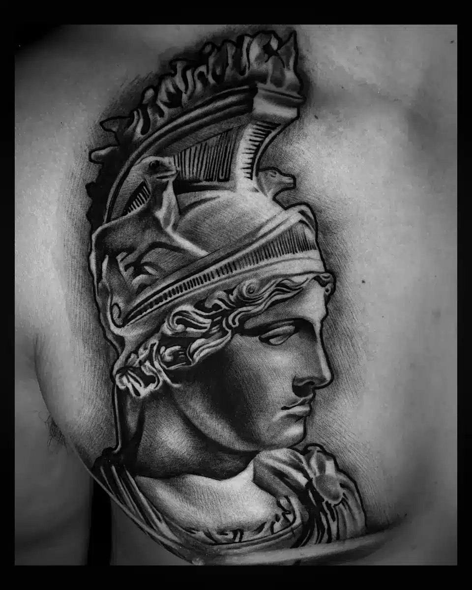 Black and gray Athena warrior tattoo by FIRME COPIAS Northwoods